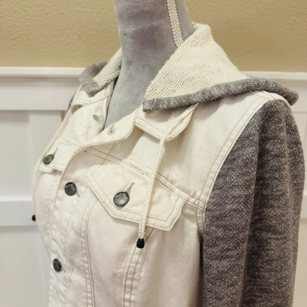 Free People Knit Sleeve Distressed Denim Jacket Size:M Removable Hood Women - Picture 12 of 13